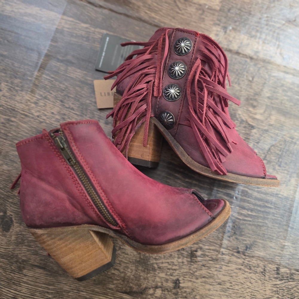 LIBERTY BLACK Peep Toe Bootie Womens 5 Red Fringe Concho Leather Ankle Boots nwt